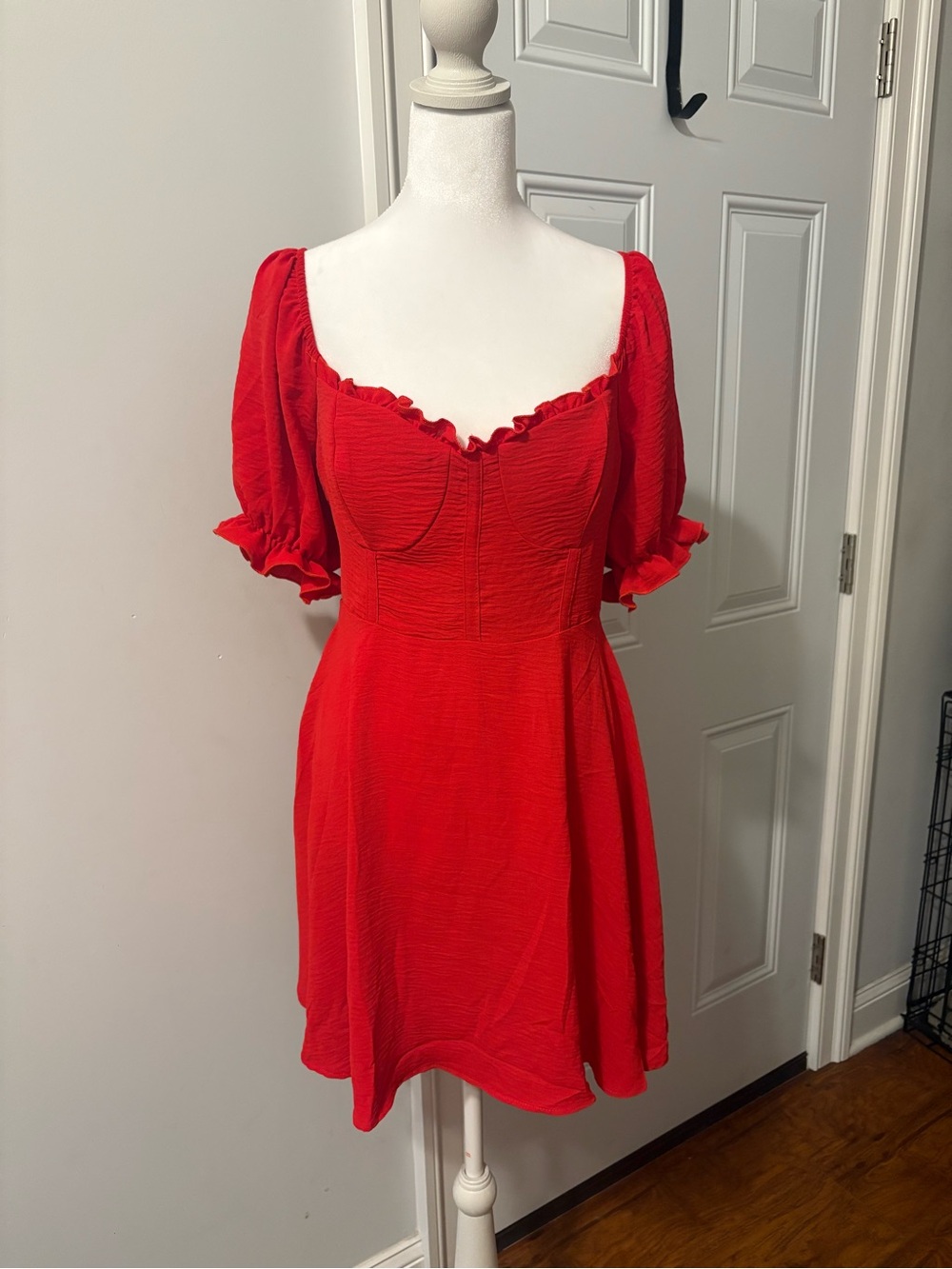 Red Ruffle-Trim Puff Sleeve Mini Dress